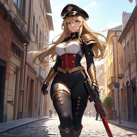 Masterpiece, Best Quality, High Resolution, High Quality, Super Detailed, HD, High Details, Anime style, high fantasy, “Warhammer 40K aesthethic”. Character alone. Front view. Full design.
{{(A 55-years-old police-captain lady:(appearance: Blonde-brown med...