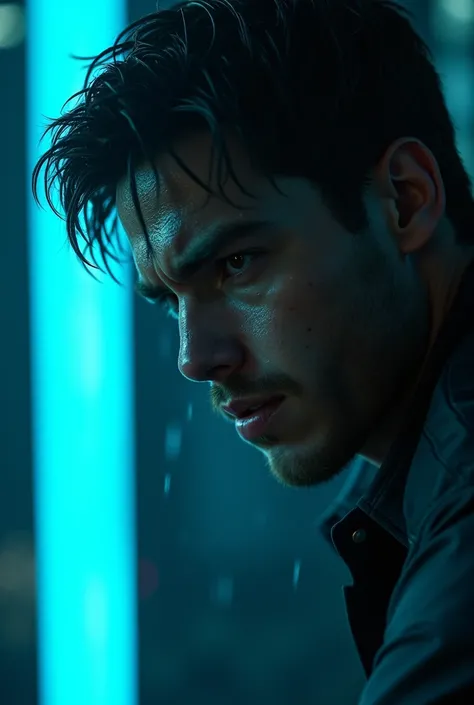 An insert shot of Jo looking up as he climbs, his face illuminated by a faint blue glow from a nearby neon sign. Sweat and rain mix on his forehead, and his eyes are filled with a mixture of determination and fear, hinting at the stakes of his situation.

