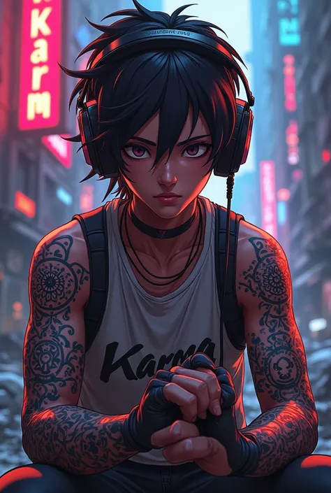 An animated gamer image with tattoos and glitch effects and with the word karma in the image with a destroyed neon city background

