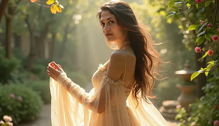 a beautiful woman with a transparent flowing dress, highly detailed face and eyes, long flowing hair, elegant pose, beautiful detailed hands, outdoor garden setting, sunlight streaming through the dress, ethereal, magical, vibrant colors, cinematic lightin...