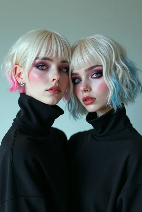 Beautiful 2 girl with pale white skin
Black eyes
Short wavy white hair with pink and blue tips
Obese, a little chubby 
Gothic makeup
Wearing a black sweatshirt