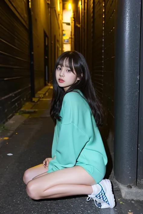 （（（（（（（Full Body Shot））））））((Reality)), s lips, Detailed background, 1girl in, Squatting in a dark alley、lie down、It&#39;s pouring rain、I&#39;m soaked all over.、A strong red light shines on my face、1 slim Japanese gravure idol、Natural Breast,, (plaid skirt...