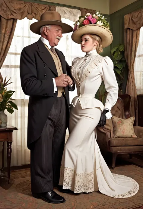 a gorgeous well-endowed 14yo blonde gibson girl bimbo (((fondled by a large horny 69yo gentleman))) in the parlor. year 1902. ((...