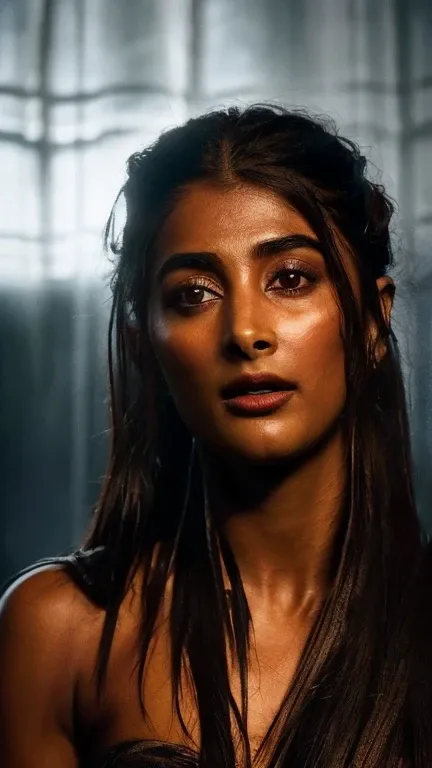  photo of  ( Pooja Hegde ) in Hellblade: Senuas Seductress, in bedroo., long hair, war angry expression, dirty face, finely detailed eyes, moody, viking clothes, epic scene, epic composition, Photography, Cinematic Lighting, Volumetric Lighting, ethereal l...