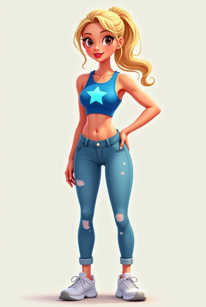 A white girl with light brown eyes blonde with a profiled nose is with a ponytail and is dressed in blue sports jeans and white crop top with blue star and white sneakers she is white with red lips and braces cartoon