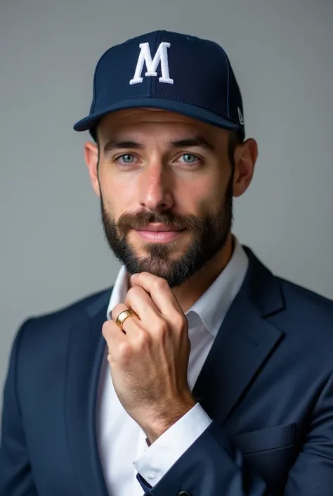 create a photo of a 30 year old white man with a short black beard ,blue cap with the letter M ,with a gold ring on his finger with the letter M,in a blue suit