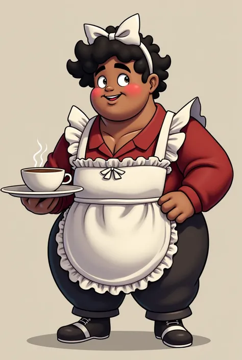 A slightly chubby young man with dark brown skin, styled as a femboy. He has soft, rounded facial features with a defined jawline, large expressive eyes, and curly hair that falls gently around his face. He is dressed in a traditional black and white maid ...