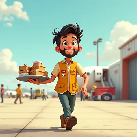 A Disney style image with a boy with a short beard and dark hair dressed in a yellow vest with the number 45 and the name PABLO on the back, Taking catering to a plane