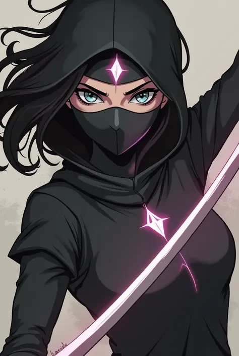 ((no background)) minimalist sticker, vector t-shirt art, dark magic splash, gothic, highly detailed graffiti illustration, monochromaticshadowy palette, Splash Art of Dota 2 character: Templar Assassin (Lanaya), a stealthy ninja woman. Focus on the distin...