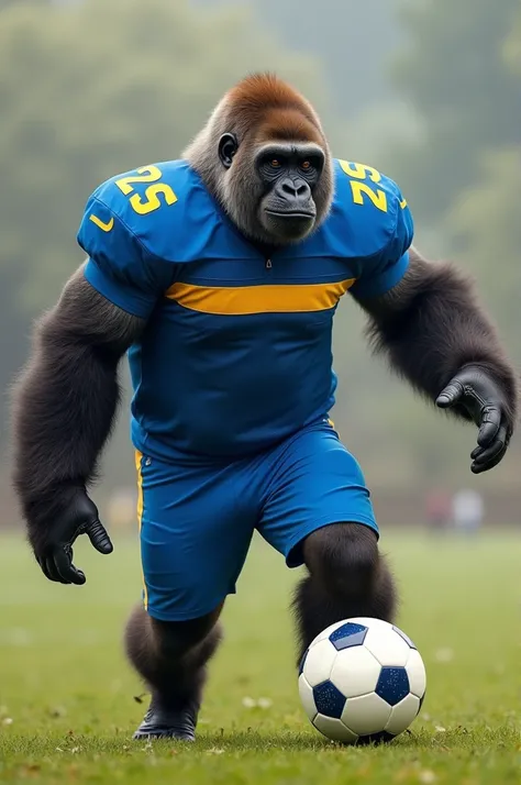 Gorilla playing football with blue shirt and yellow horizontal stripe 