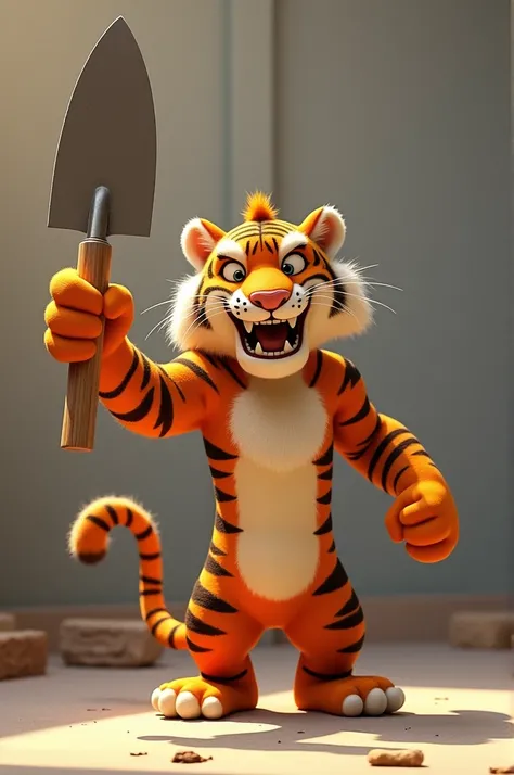 Pixar-type image of a tiger with a masonry trowel and a partition in its left hand, holding the partition flat with its left hand below and behind it a partition wall and baring its teeth and standing on tiptoe  
