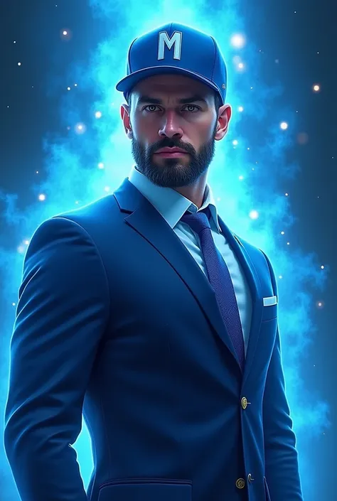 create a photo of a 30 year old white politician with a short black beard ,blue cap with the letter M ,with a gold ring on his finger with the letter M,in a blue suit ,blue rays coming out of the body