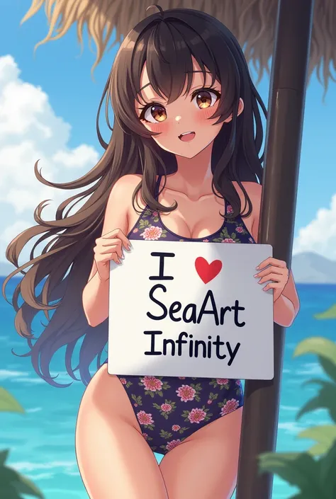 Beautiful girl with wavy long hair，Wearing a bohemian dress，Holding a whiteboard with the words &quot;I Love SeaArt Infinity&quot;，and show the audience(masterpiece), best quality, expressive eyes, perfect face, nami one piece, arched back, busty, two piec...