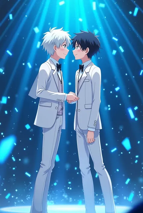 Anime of  short pretty idol boy having white hair, dimples, sweet smile wearing white suit and a  tall handsome idol boy having wide shoulder, black short hair not covering forehead, dimples and sweet smile wearing white suit watching each other romantical...