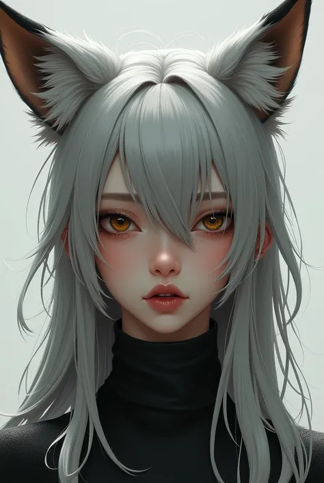 high resolution, digital graphics, Fox Girl, Long ash hair, solo, looks at the viewer, open mouth, Animal ears, Bangs over the eyes, PortraitAccuracy, masterpiece, in detail, Textured leather 