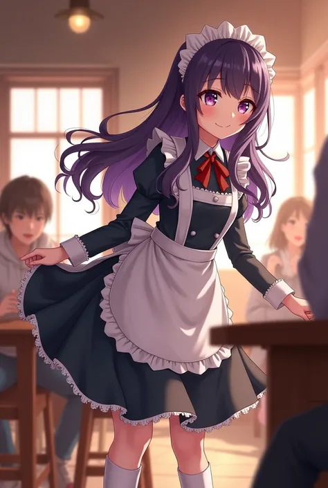 A girl with long wavy dark purple hair and light purple eyes wearing a maid outfit in a cafe cleaning up the masses