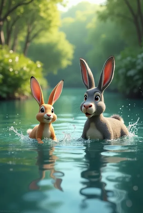 Khargosh aur donkey swimming karte hue