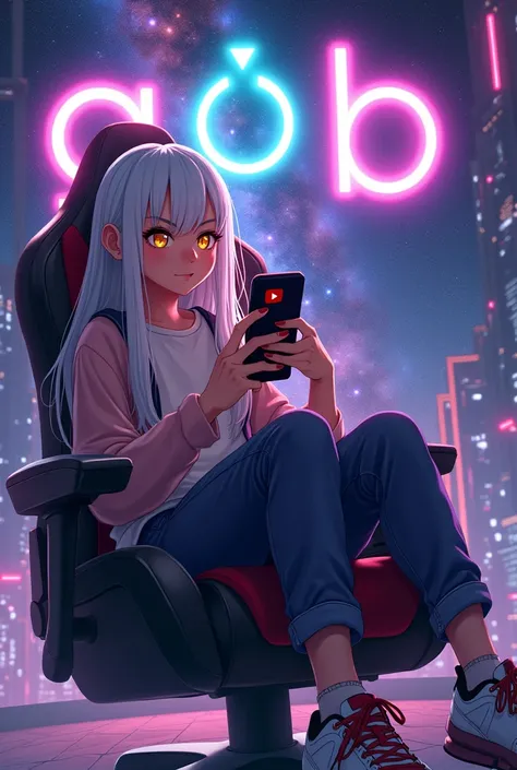 a imagem apresenta adolescente com estilo anime, sitting in a red and black gaming chair.

She has long black hair and is wearing casual clothes.: pants and jacket. Your sneakers are modern, estilo esbytivo.

She is wearing headphones and is in a relaxed p...