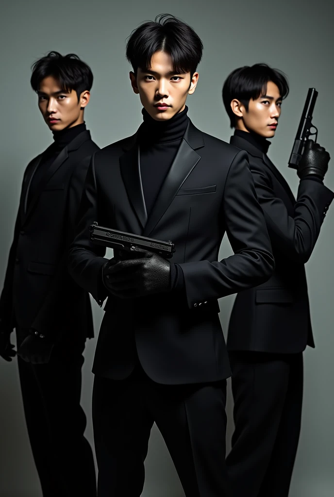 Three handsome Japanese male idols play robbers。All black。The clothes are black。Gloves are black。Everyone stands in the same position in a row。Do not blur the person and the background。Everyone has their guns and rifles ready。Dont hide your face。No hood on...