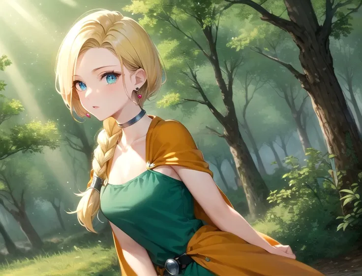 {{masterpiece}}, {best quality}, {ultra-detailed}, {high resolution}, dqBianca, (single braid, earrings, choker, orange cape, green dress:1.3),In the forest where sunlight shines through the trees, 