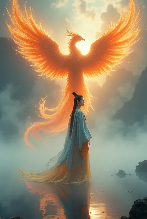 A beautiful Chinese man standing on the water, misty reflection, a huge phoenix divine bird in the sky, magic, fantasy, dynamic posture, composed of colorful glowing flames, delicate face, delicate eyes, long black and golden hair, wearing amber and sky bl...