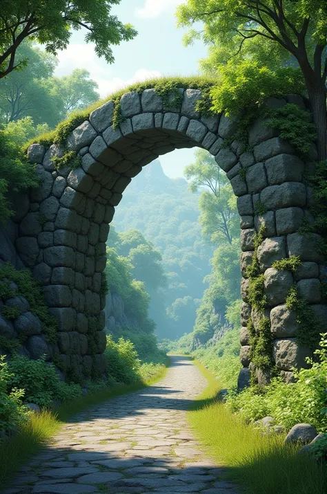 An arch on a road made of natural stone with vegetation