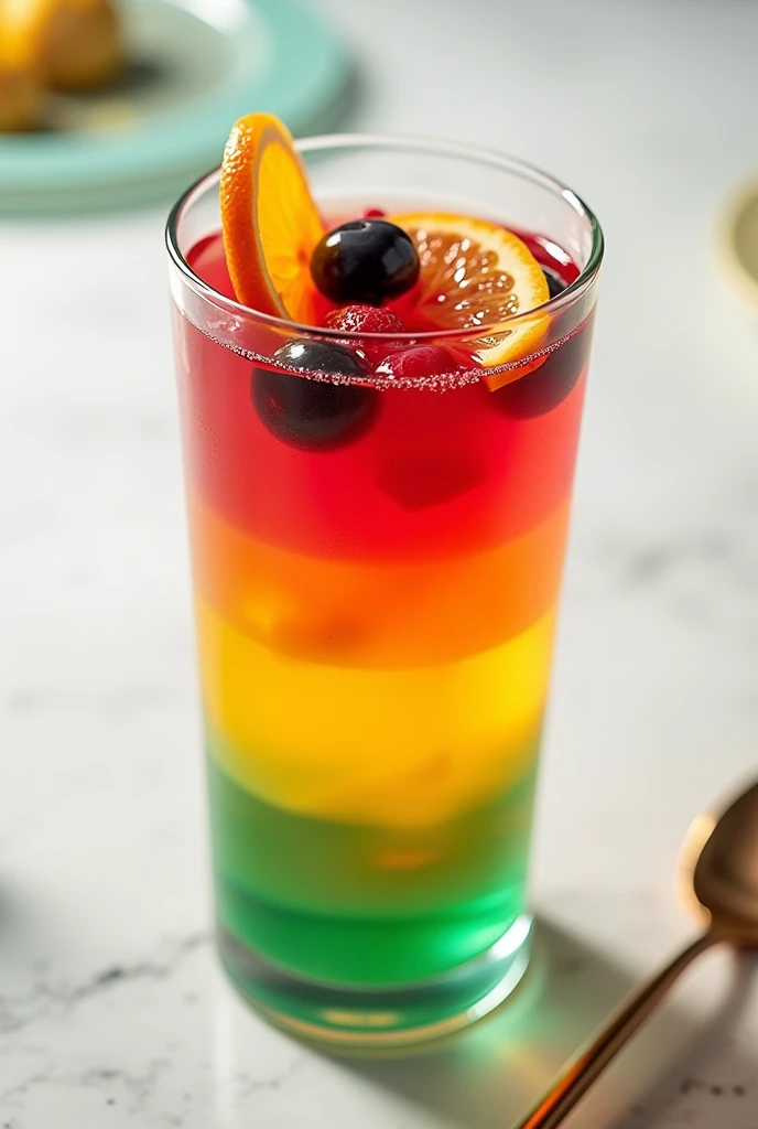 Create a logo of a layered gelatin of different colors in a glass with fruit