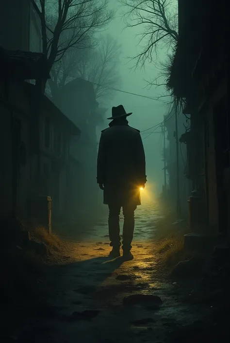 A detective in a hat and a dark coat, illuminated only by the light of a flashlight he holds in his hand, revealing a floor with footprints or a half-buried body. A dark forest or a shadowy alley. You can include details such as twisted trees, a barely vis...