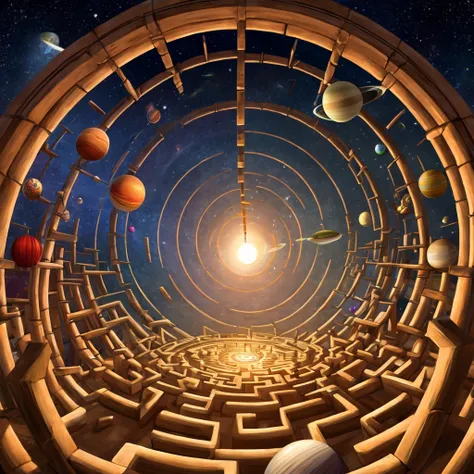 a maze with a light coming out of the center with planets around it