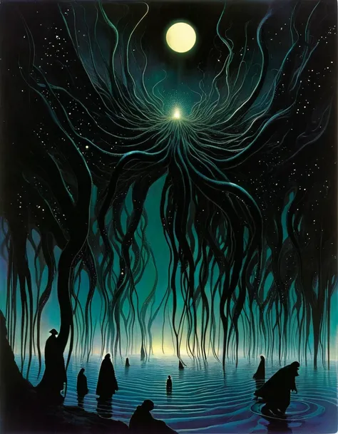 “...There were things in the abyss, (...) large shapes that looked like bubbles of absolute blackness, but that he knew were alive. In the central masses of these beings it was possible to see filamentous tentacles extending, reaching an incredible length....