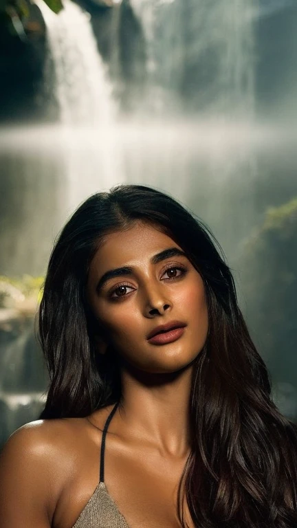 photo of  ( pooja hegde ) in hellblade: senua's seductress, in waterfall, long free hair, sexy expression, dirty face, finely de...