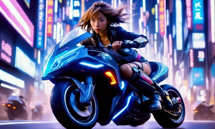 a cute yuna (age 25, sexy motorbike racing outfit with neon highlights and many electronic panels) is riding on her futuristic motorbike, zooming through the traffic of neo Tokyo, light trail effects
