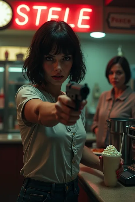 A short brunette stealing a milkshake at gunpoint