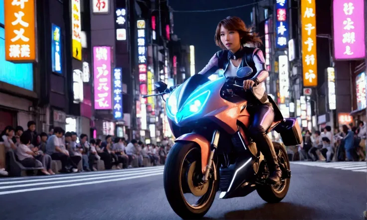 a cute yuna (age 25, sexy motorbike racing outfit with neon highlights and many electronic panels) is riding on her futuristic motorbike, zooming through the traffic of neo Tokyo, light trail effects
