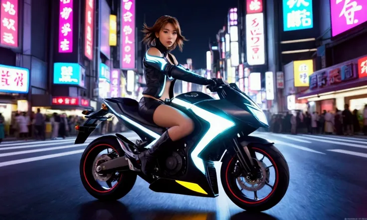 a cute yuna (age 25, sexy motorbike racing outfit with neon highlights and many electronic panels) is riding on her futuristic motorbike, zooming through the traffic of neo Tokyo, light trail effects
