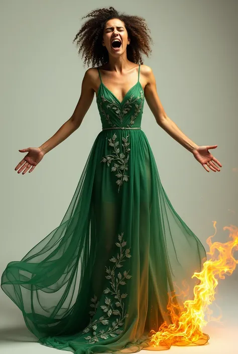 Full front view of a curly female model, screaming in pain with open arms wearing a sexy green see-through dress with embroidered leaves woven into it and the dress&#39;s tail on fire