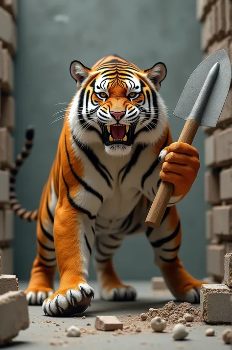 Image of a tiger with a masonry trowel and a partition in its left hand, holding the partition flat and behind it a wall of blocks, and baring its teeth and standing on tiptoe  
