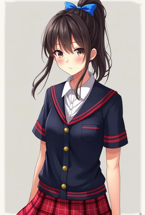 a girl in a school uniform, red plaid skirt, Navy blue polo shirt with front buttons and red stripes, white blouse. The girl&#39;s hairstyle is all hair tied back with a high ponytail and a round bun., a blue bow on top and red details.