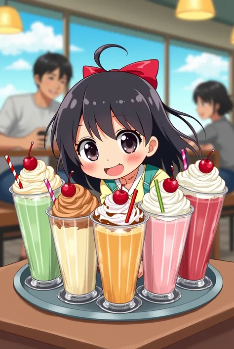 A cartoon image of a little Japanese girl stealing lots of milkshakes