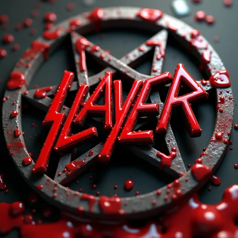 the name "NAMELESS" in 3d diagonally HARMONIOUSLY BETWEEN A large PENTAGRAM IN THE SAME STYLE AS THE BAND&#39;S ALBUM slayer in 3d style with an aggressive design and lots of blood in 1080p NAME "NAMELE$$"