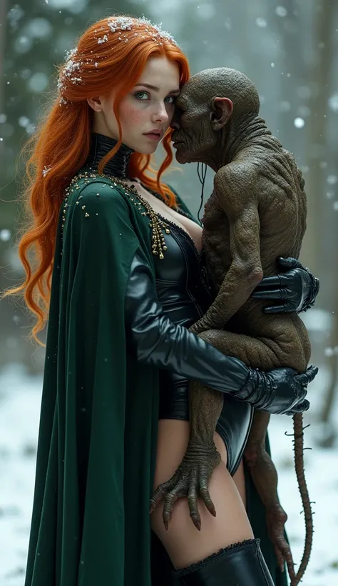 Young Triss merigold is wearing black latex wizard suit with a dark green cape and with golden details her ginger hair is covered in snow she has big and ass her suit is covered in snow she has freckles and green eyes she is wearing a tight dark corset she...