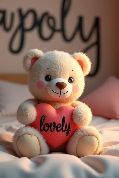 A teddy bear holding a heart written on teddy in lovely black letters sitted on a bed in a room with a wall in the background written on fay polly in bold letters