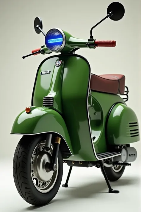 Une scooter RSZ phase 1 de couleur vert armé avec des jante étoilé de couleur argenté et il y a un led bleu au dessus de la moteur sous le reservoir arrière avec des poigné de couleur rouge et des retroviseur simole en noir