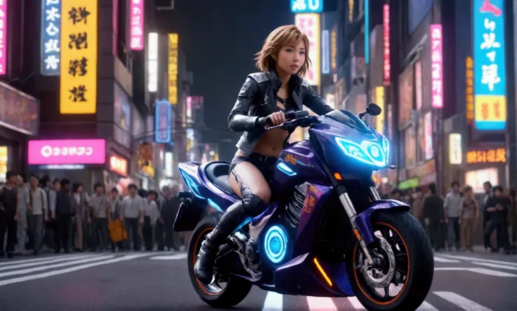 a cute yuna, 2, wearing a sexy motorbike racing outfit with neon highlights and many electronic panels, riding on her futuristic motorbike, zooming through the traffic of neo Tokyo, light trail effects, best quality, 8k, highres, masterpiece, ultra-detaile...