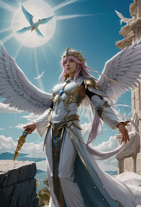 Visualize Jibril, the great archangel, with six hundred expansive wings that stretch between the east and west, covering the entire sky from horizon to horizon. His wings shine like radiant white pearls, and his form is majestic, yet the atmosphere of the ...