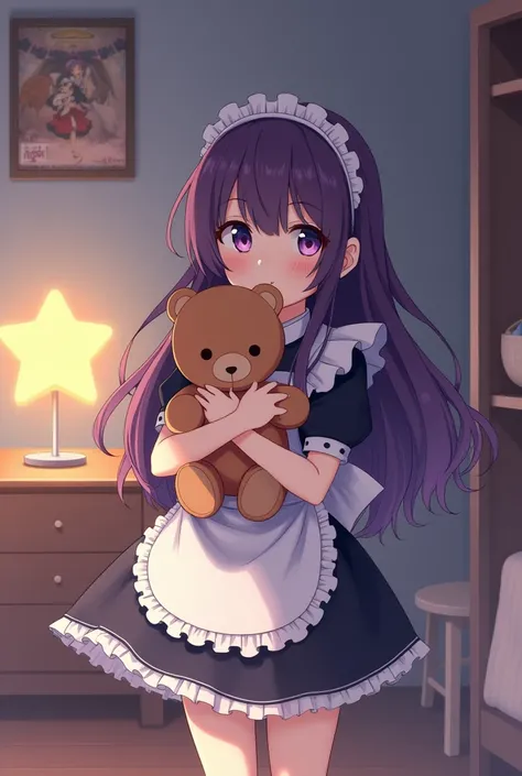 A girl with long wavy dark purple hair and light purple eyes wearing a maid outfit with a teddy bear in her hands in a room ,a closet,a bed,an anime poster,a small table next to the bed with a star-shaped lamp (My hero academia design)