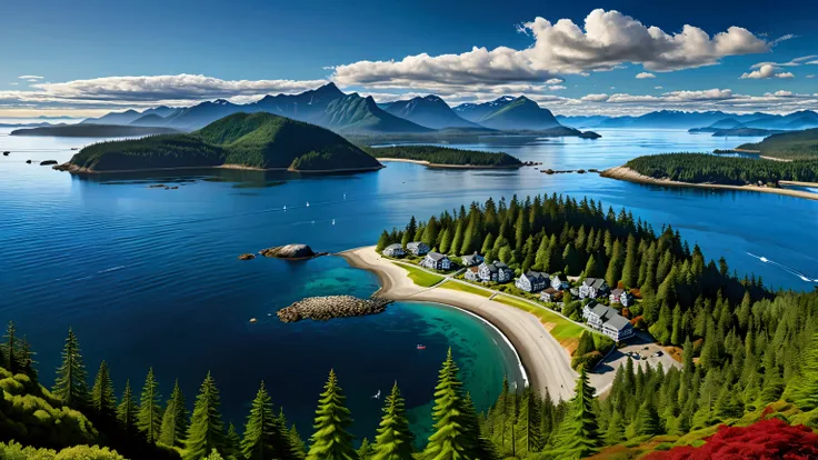 An ultra-high-definition, highly detailed and realistic image of Canadas breathtaking Sunshine Coast. The scene features a vast, calm blue sea under a bright blue sky with scattered white clouds. In the distance, the beautiful Vancouver Island is visible a...