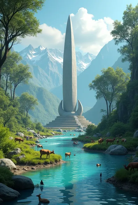 Shivling with greenery beside surrounded by river, animals drinking water in river surrounded by mountains 