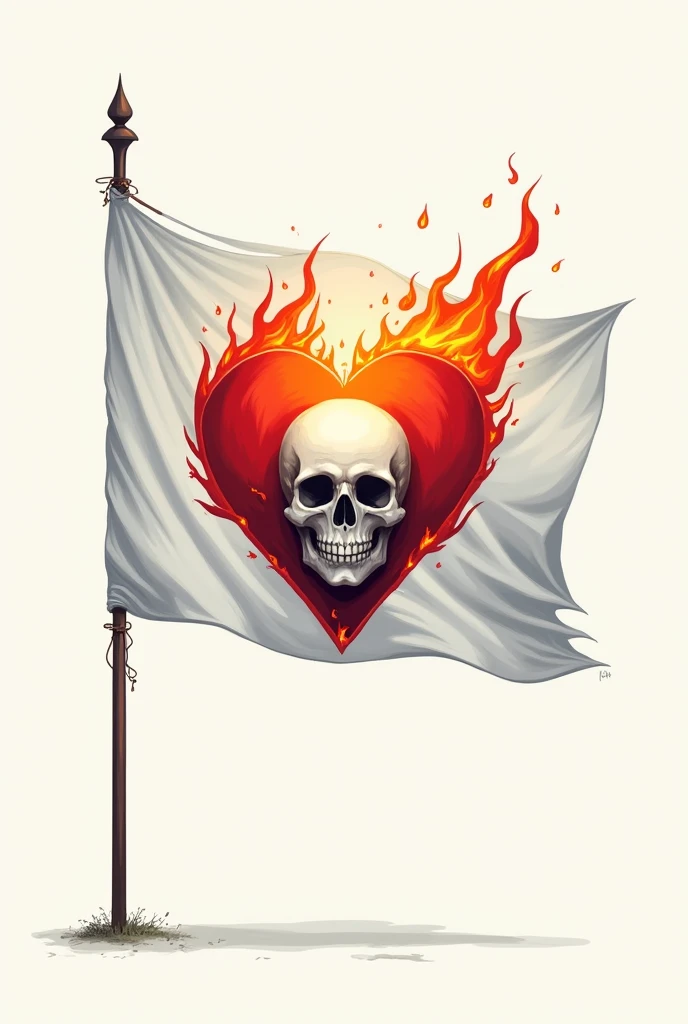 Make an image of a white flag that has the logo as a heart on fire, with a skull in the middle of the heart