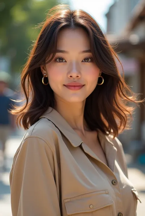 A realistic portrait of a woman with medium-length brown hair, styled in loose waves. She has warm brown eyes, a friendly expression, and clear skin. She is wearing a delicate silver nose pin on her left nostril, along with a casual beige outfit. Walking o...